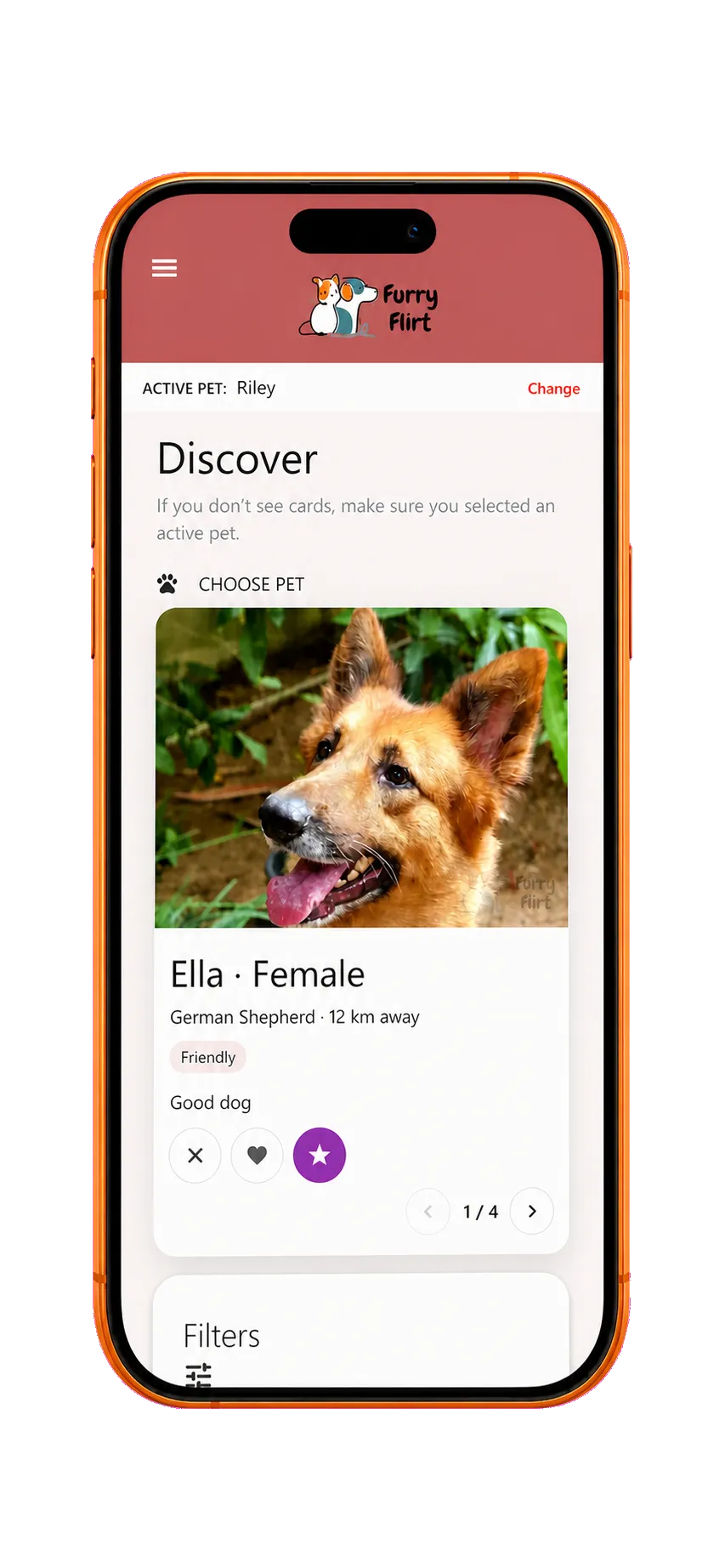FurryFlirt nearby pet discovery displayed on an orange iPhone