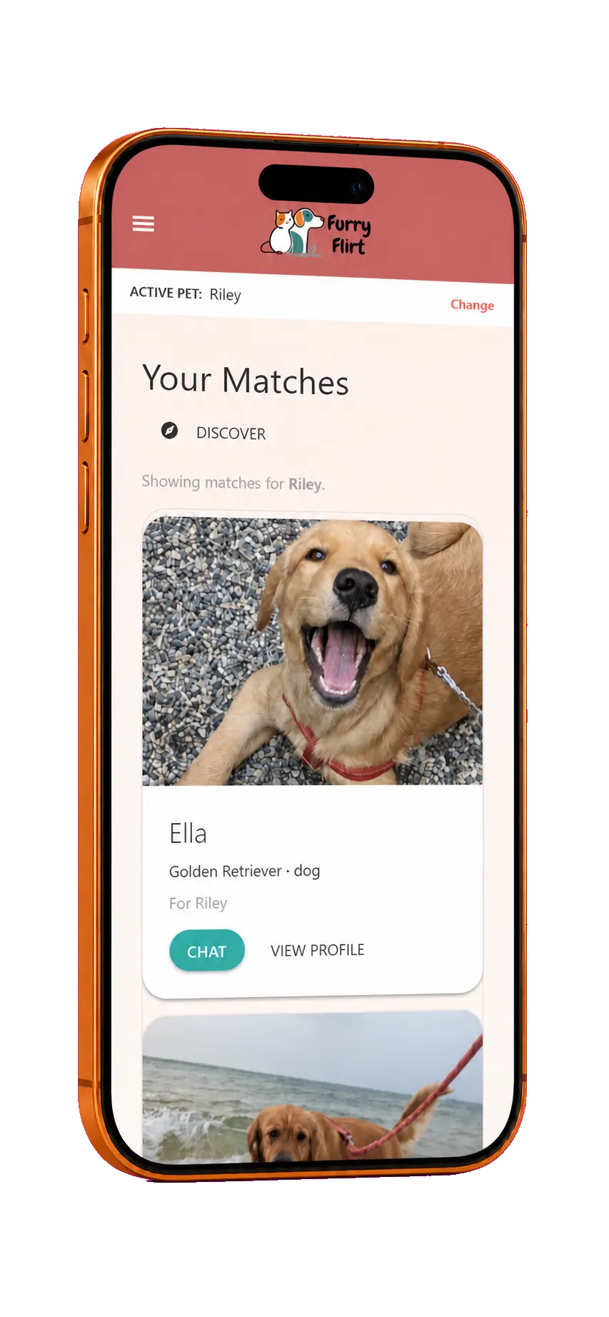 FurryFlirt matches displayed on an orange iPhone