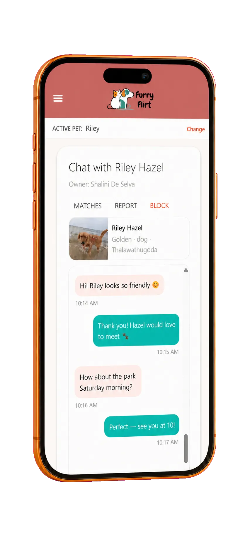 FurryFlirt private chat displayed on an orange iPhone