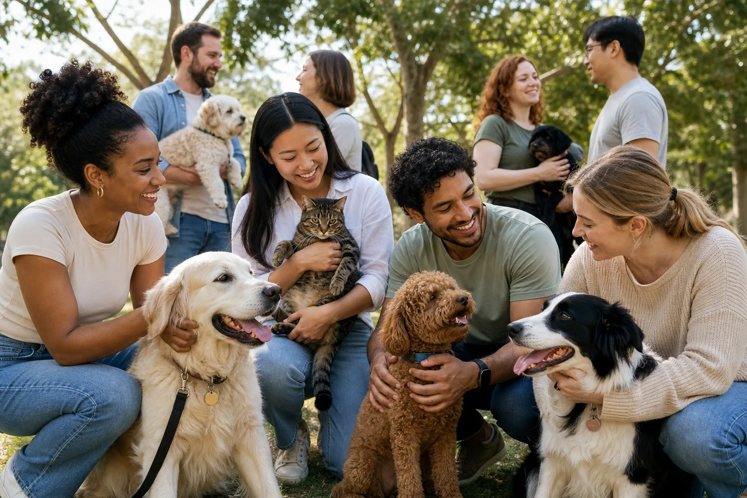 Pet owner community meetup with dogs and cats